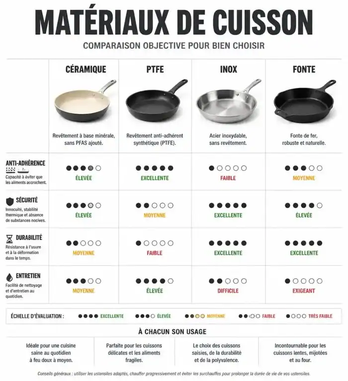 Comparatif des avantages et inconvénients des poêles en céramique, inox, fonte et PTFE