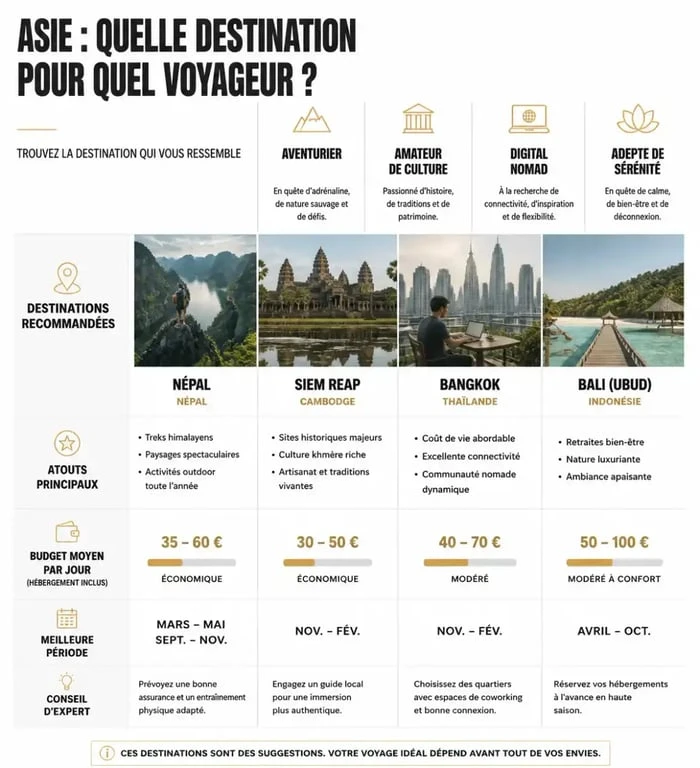 Infographie comparative pour choisir quel pays d'Asie visiter selon son profil de voyageur