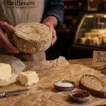 Fromagerie beillevaire paris delambre : table, beurre et pain en cave d’affinage