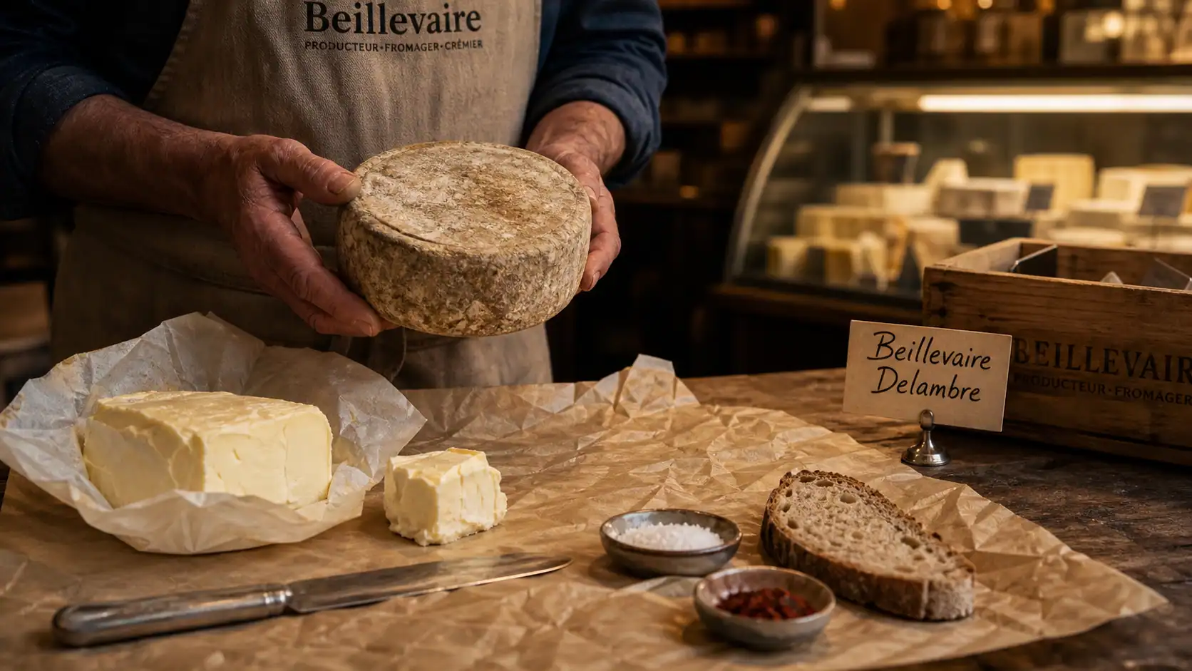Fromagerie beillevaire paris delambre : table, beurre et pain en cave d’affinage