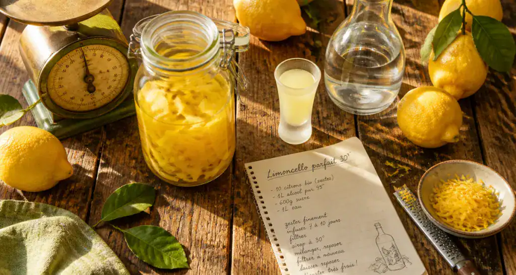 limoncello degré sur table avec citrons et alcool