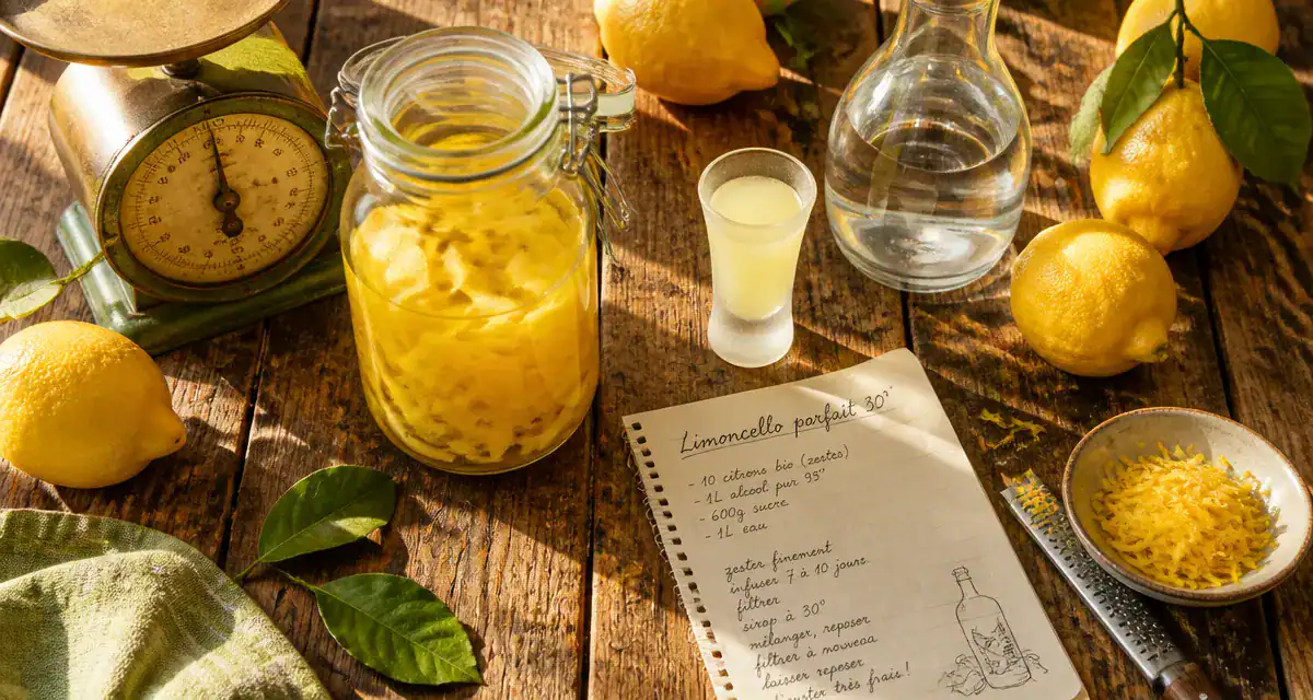 limoncello degré sur table avec citrons et alcool