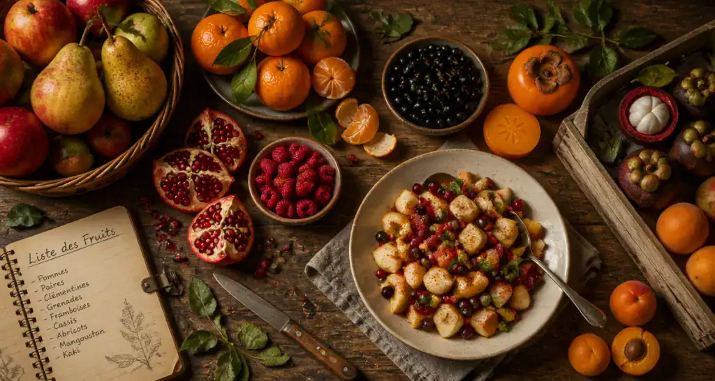 liste fruits frais variétés sur table