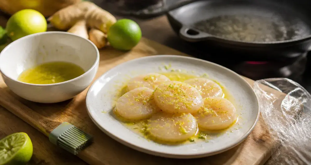 Marinade saint-jacques avant cuisson : Saint-Jacques crues au citron vert-gingembre sur planche bois
