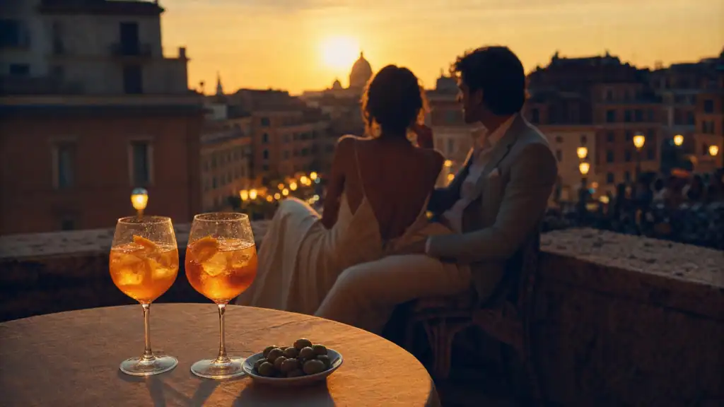 Que veut dire dolce vita : apéritivo sur terrasse romaine, verres et olives