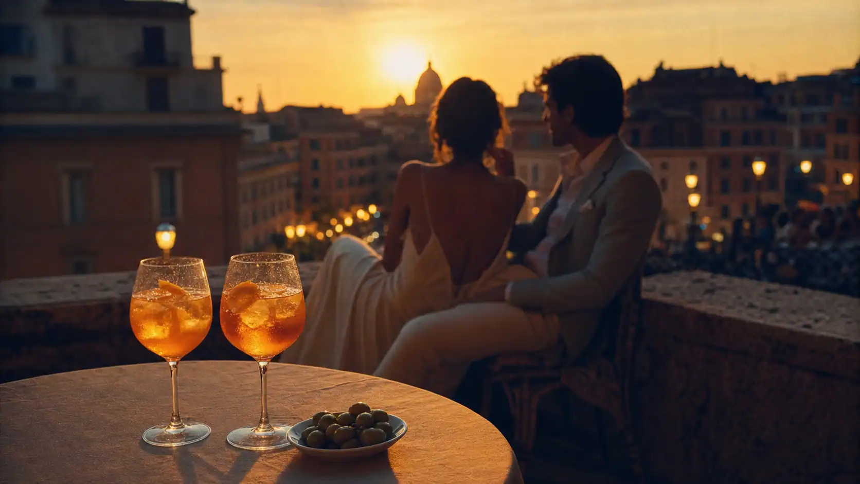 Que veut dire dolce vita : apéritivo sur terrasse romaine, verres et olives