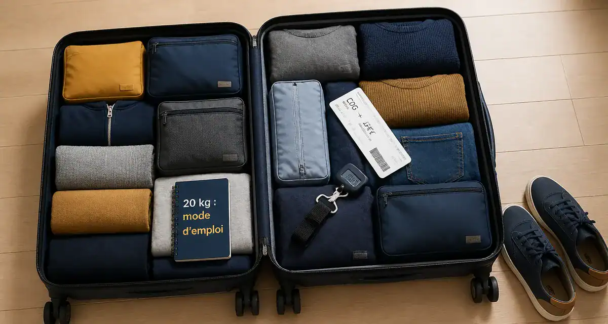 valise 20 kg dimensions ouverte avec vêtements et accessoires