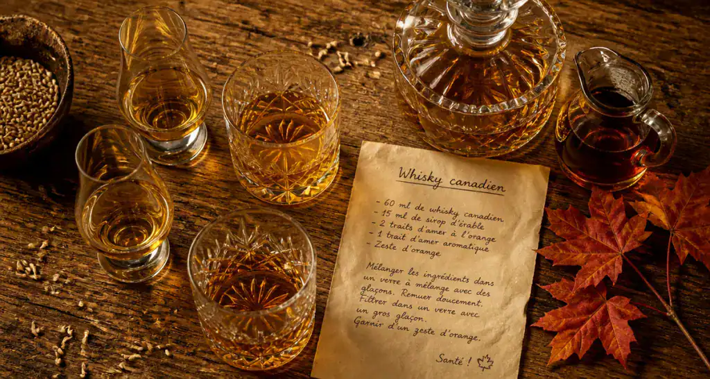 whisky canadien sur table avec seigle et érable