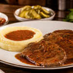 Accompagnement pour langue de boeuf : purée et sauce piquante sur assiette