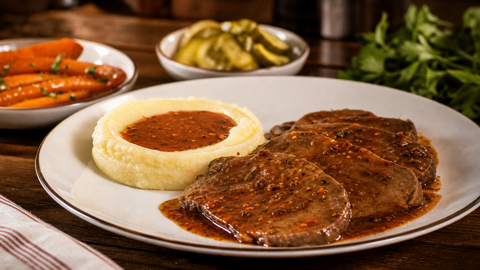 Accompagnement pour langue de boeuf : purée et sauce piquante sur assiette
