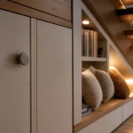 Aménagement sous escalier ouvert : placard et bibliothèque sur-mesure