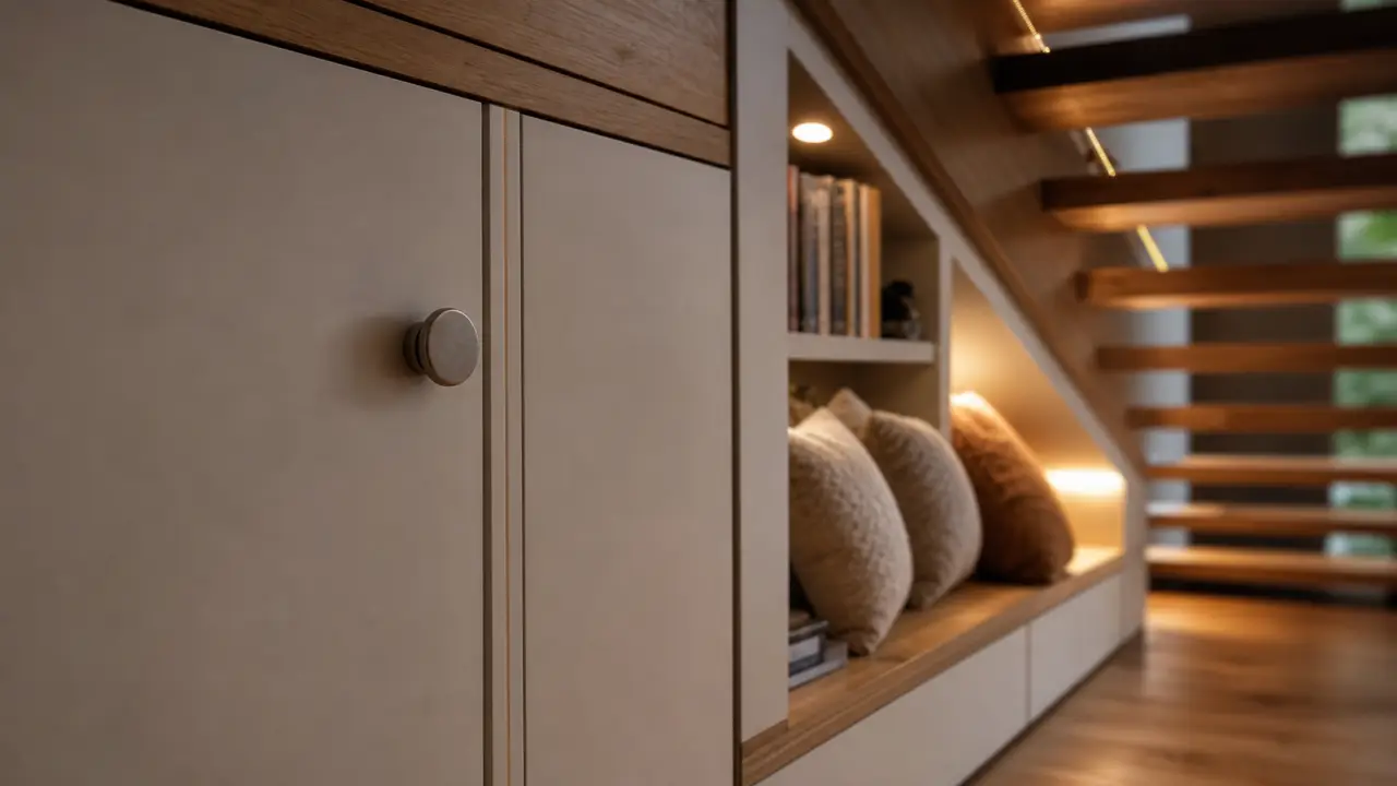 Aménagement sous escalier ouvert : placard et bibliothèque sur-mesure