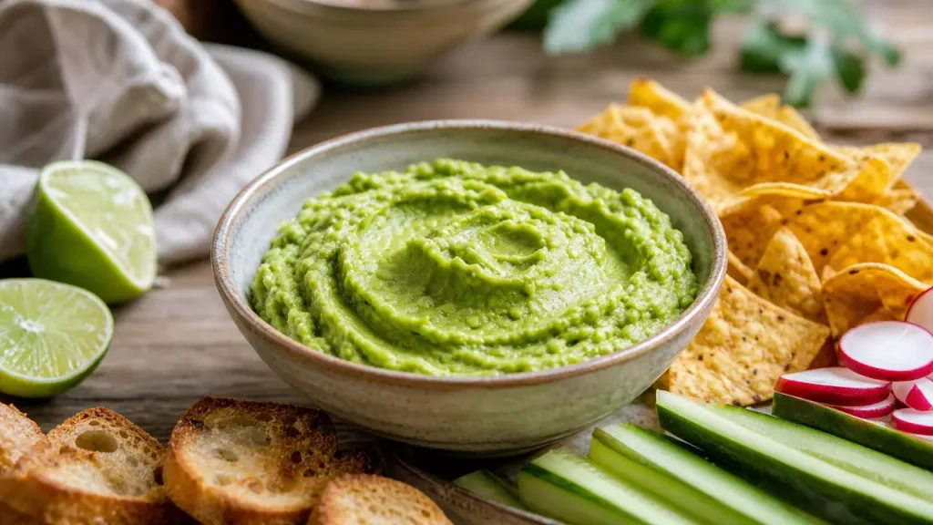 Avec quoi manger le guacamole : bol de guacamole vert, accompagnements tortillas et toasts