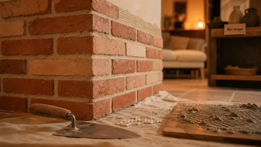 brique pour mur intérieur, parement rouge et sable rosé avec joints