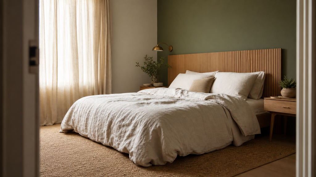 Chambre vert sauge et bois avec tête de lit en chêne clair