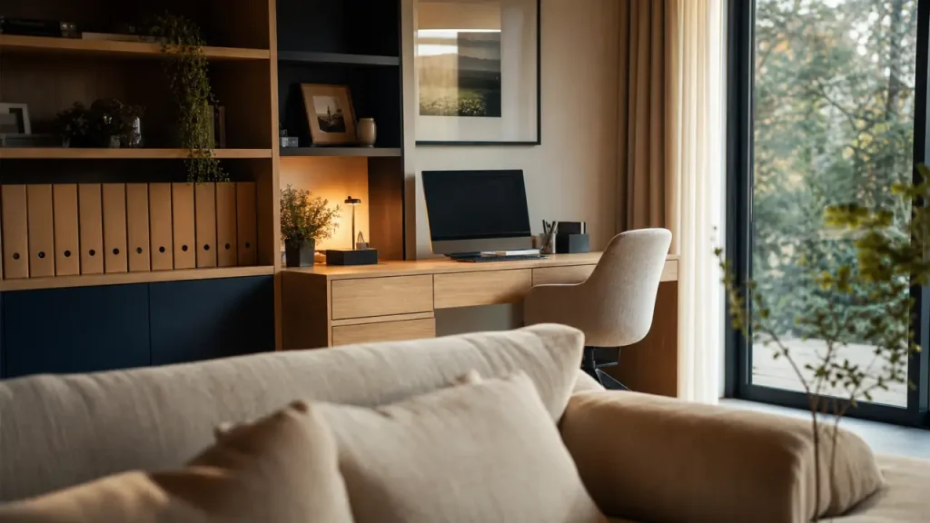 Coin bureau salon : bureau console discret en chêne clair, écran et chaise ergonomique