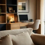 Coin bureau salon : bureau console discret en chêne clair, écran et chaise ergonomique
