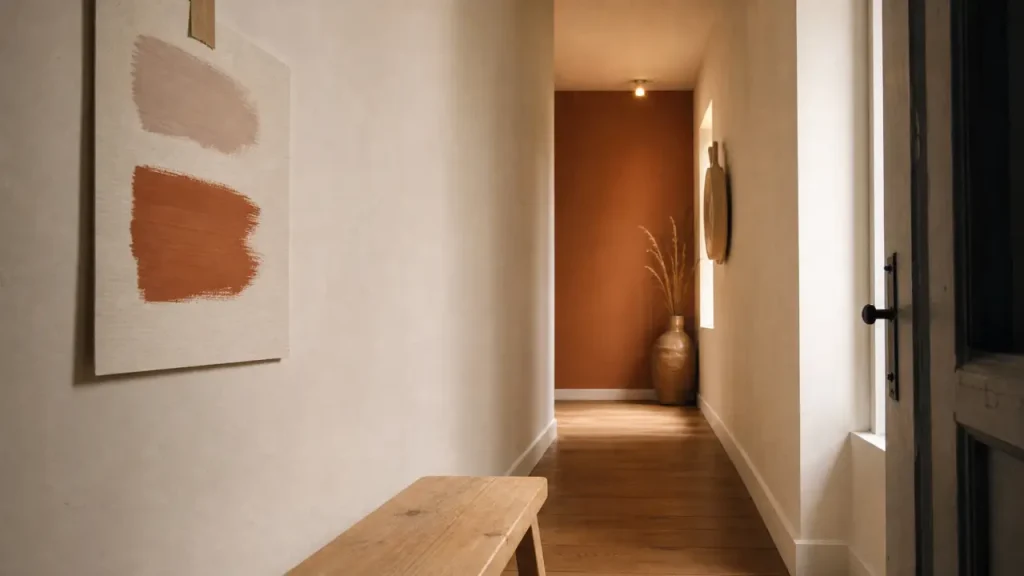 Couleur peinture pour couloir : blanc cassé et terracotta, murs et échantillons de peinture
