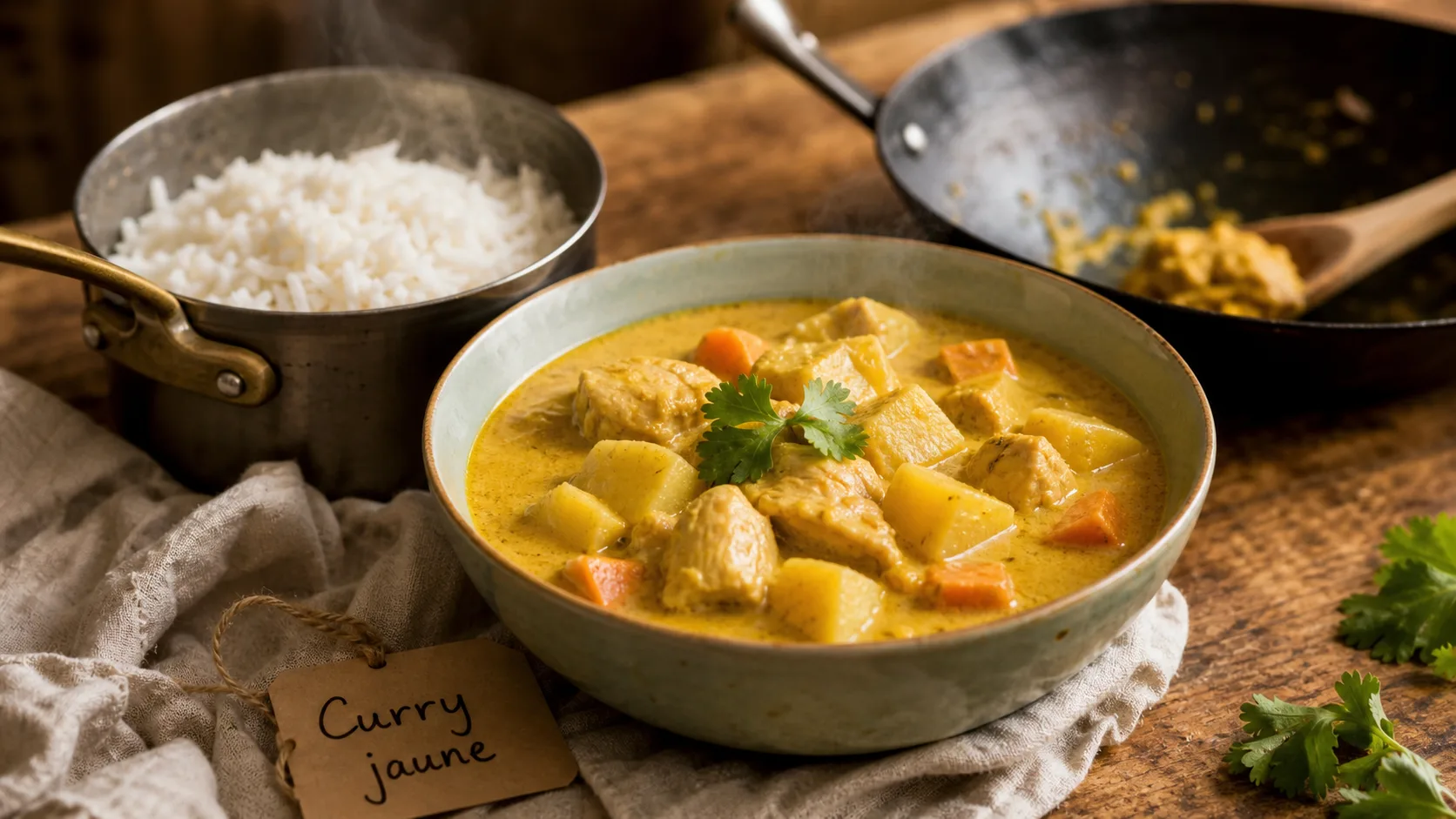 Curry jaune recette au poulet, lait de coco et pommes de terre fondantes