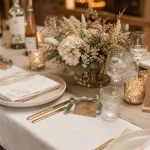Décoration table mariage avec menus, photophores et centres de table