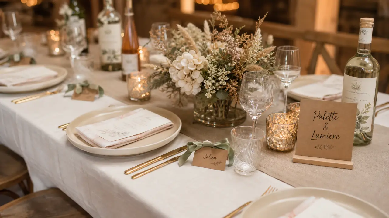Décoration table mariage avec menus, photophores et centres de table