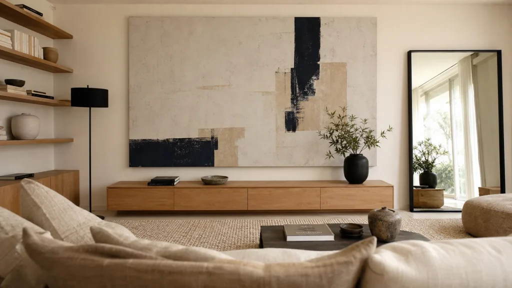Décorer un grand mur salon : tableau XXL abstrait et miroir noir mat
