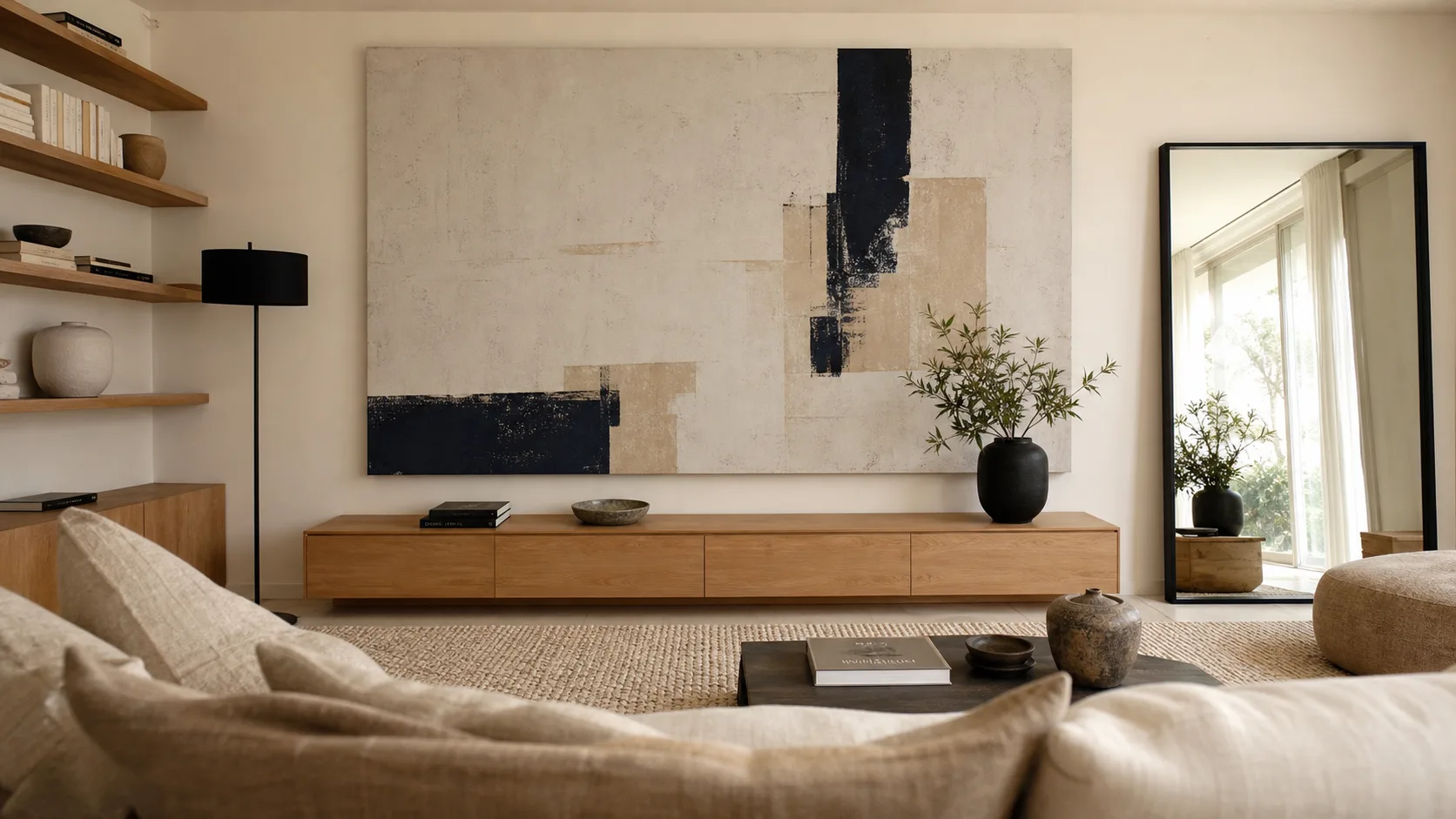 Décorer un grand mur salon : tableau XXL abstrait et miroir noir mat
