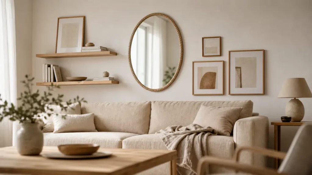 Décorer un mur blanc avec cadres et étagères minimalistes