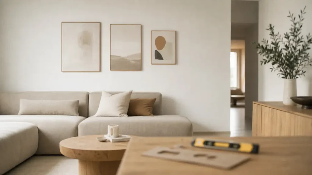 Disposition cadre mural dans un salon minimaliste, cadres centrés et espacements égaux