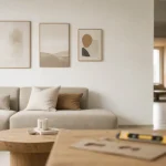 Disposition cadre mural dans un salon minimaliste, cadres centrés et espacements égaux