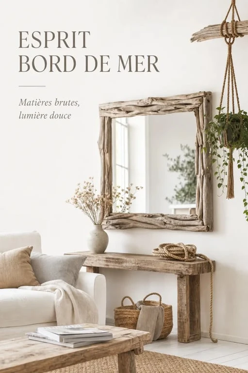 Idées déco bois flotté ambiance nature dans un salon lumineux avec miroir et suspension végétale