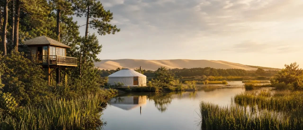 Vacances insolites France : cabane perchée, yourte et paysages dépaysants dans une composition éditoriale sobre