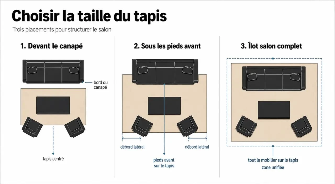 Tapis dans salon : schéma des trois placements possibles par rapport au canapé et à la table basse