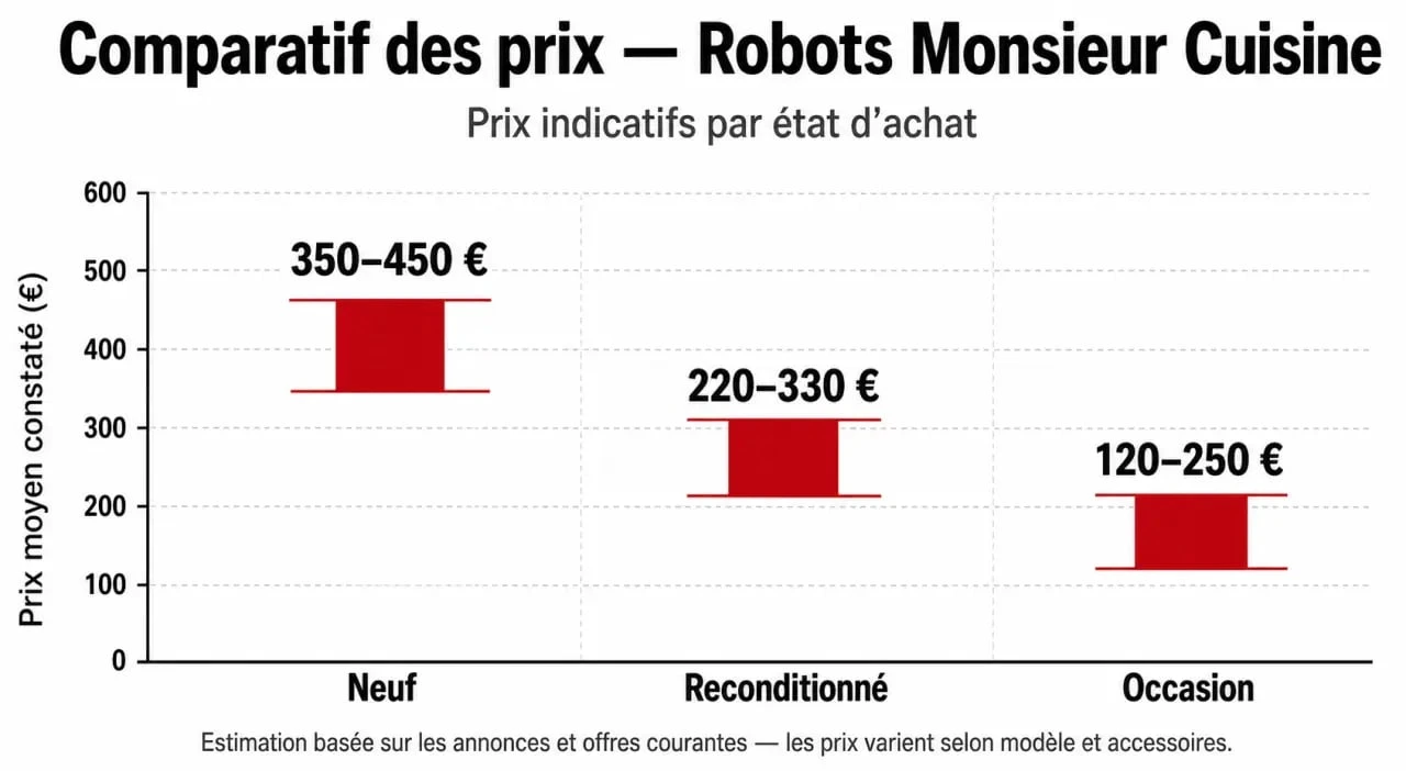 Comparatif des prix du robot cuiseur Monsieur Cuisine neuf, reconditionné et occasion