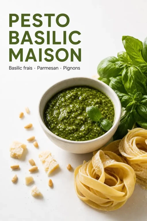 Recette pour pesto basilic maison servie dans un bol avec basilic frais et parmesan