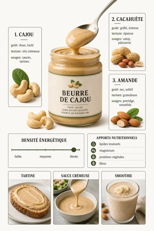 Beurre de noix de cajou : comparatif nutritionnel et usages en cuisine