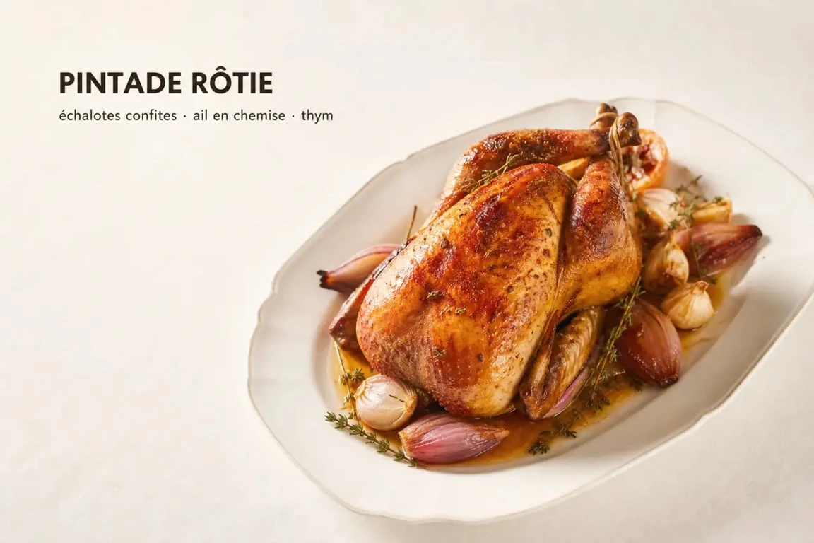 Recette de pintade rôtie au four, dorée et servie avec jus de cuisson et aromates