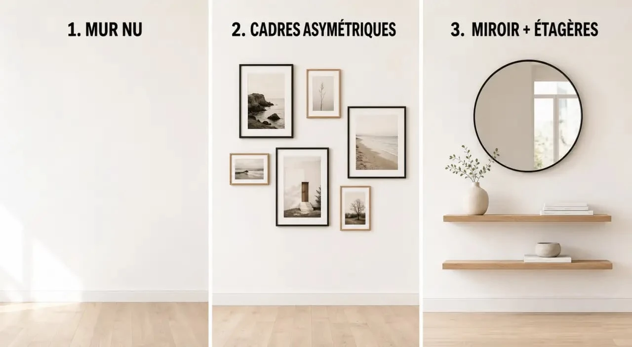 Décorer un mur blanc avec une composition de cadres, un miroir et des étagères flottantes dans un intérieur lumineux