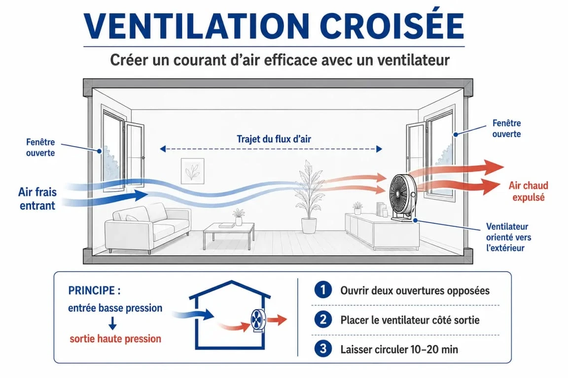 Schéma explicatif pour rafraîchir une pièce avec un ventilateur par ventilation croisée