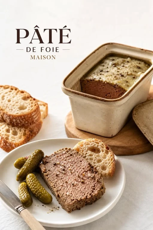 Recette du paté de foie maison en terrine, tranches servies avec pain de campagne et cornichons