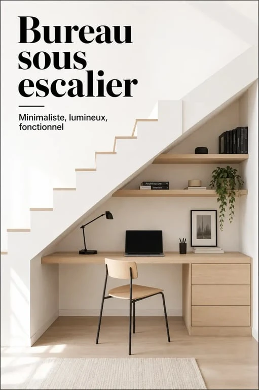 Aménagement sous escalier ouvert transformé en coin bureau fonctionnel et esthétique
