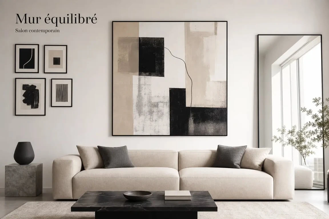 Décorer un grand mur salon avec un tableau XXL, un miroir et quelques cadres dans un intérieur contemporain