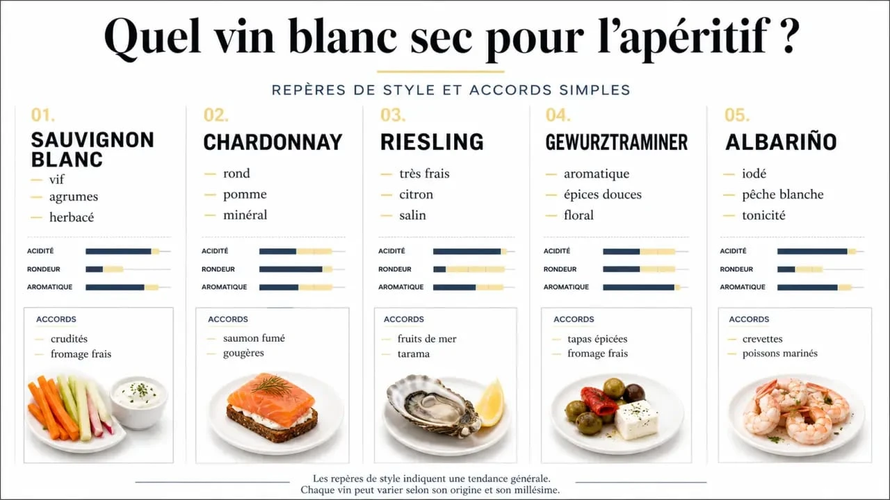 Comparatif visuel du vin blanc sec apéro selon cépage, fraîcheur et accords