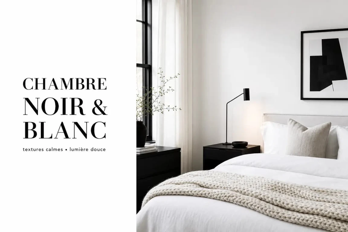 Chambre à coucher décorée en noir et blanc avec un mélange de textures et un éclairage chaleureux