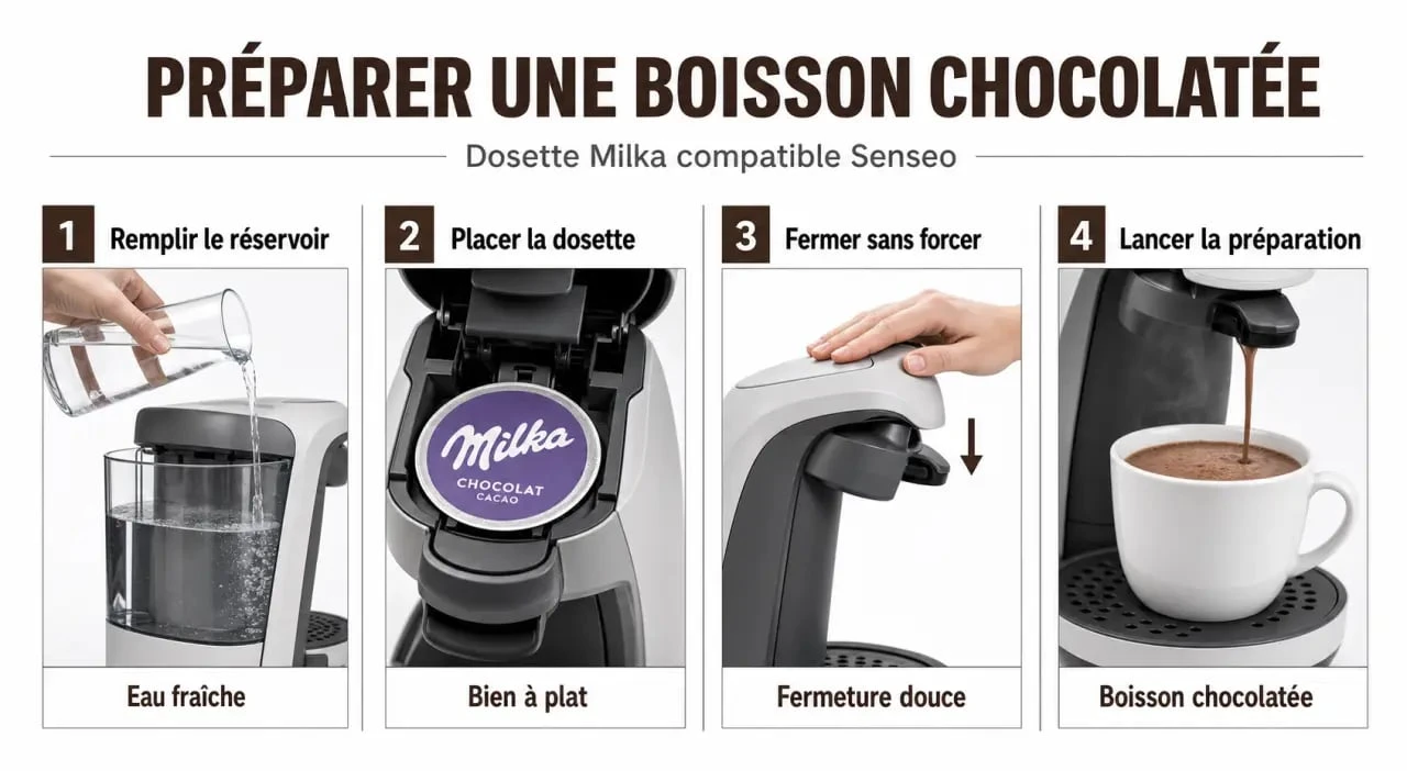 Dosette Milka Senseo utilisation en 4 étapes sur une machine Senseo