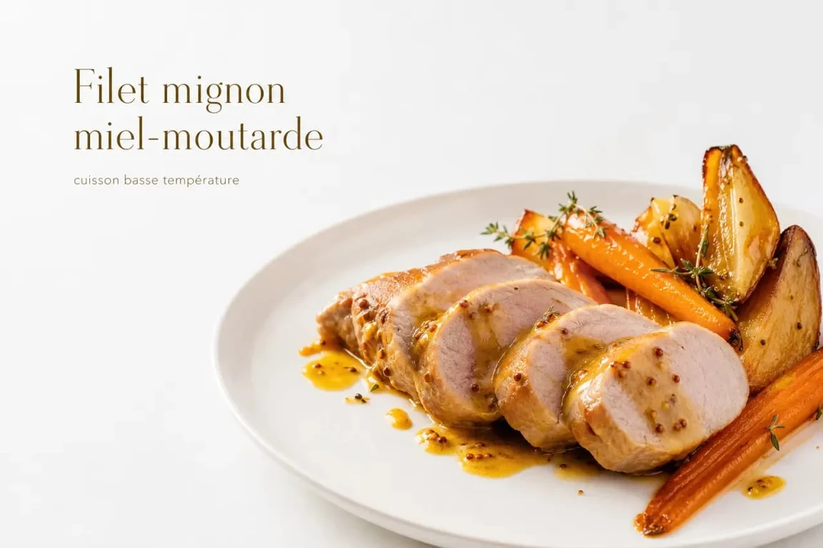 Filet mignon basse température miel moutarde servi en médaillons avec sauce brillante