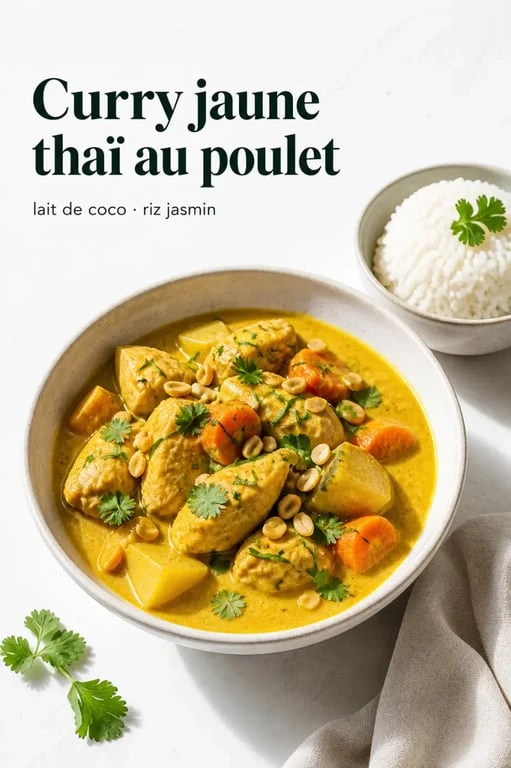 Recette curry jaune au poulet thaïlandais servi avec riz jasmin