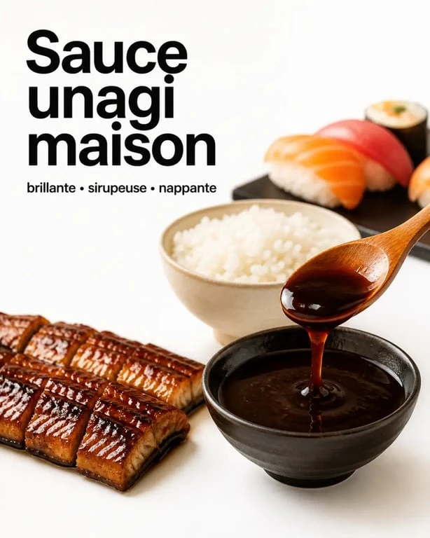 Recette sauce unagi maison brillante nappée sur anguille grillée et riz japonais
