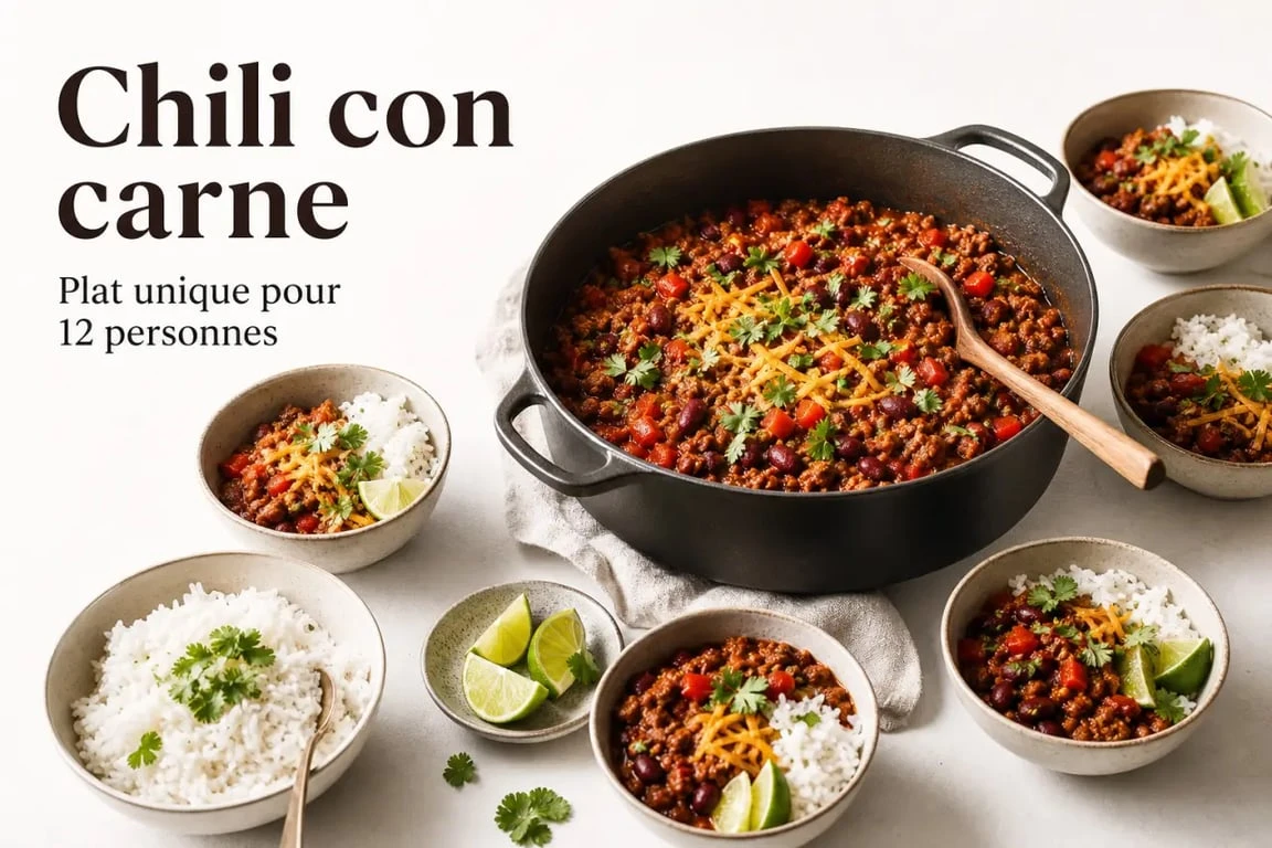 Plat unique pour 12 personnes : chili con carne généreux servi dans une grande cocotte avec riz et garnitures