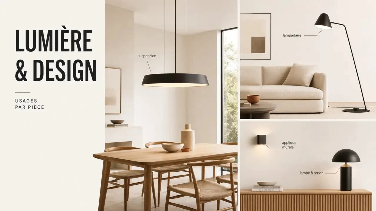 Luminaire design : composition d’inspiration montrant suspension, lampadaire, applique et lampe à poser dans un intérieur contemporain